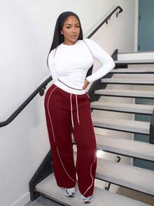 Alexandranx Casual Colorblock Drawstring Waist Wide Leg Pants Fall Cloth For Women - Burgundy - View 6