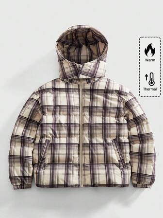 Street Life Men's Letter Print Long Sleeve Plaid Casual Hooded Winter Jacket
