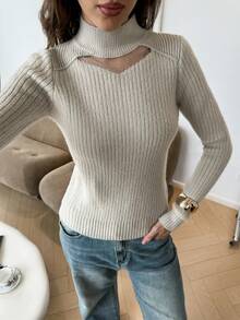 Easowa Women's Solid Color Stand Collar Long Sleeve Fitted Knit Sweater, Autumn/Winter - Grey - View 1