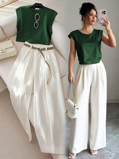 Franclia Women's Elegant Fashion Round Neck Sleeveless Top With Pleated Detail And Solid Color Pants, 2-Piece Set