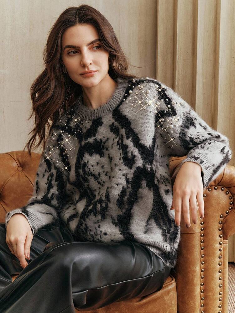 여성 빈티지 레오파드 프린트 퍼지 크루넥 긴소매 모조 다이아몬드 장식 스웨터, 가을, 겨울, 새해 파티를 위한 우아한 니트 탑, 블랙 & 그레이 색상