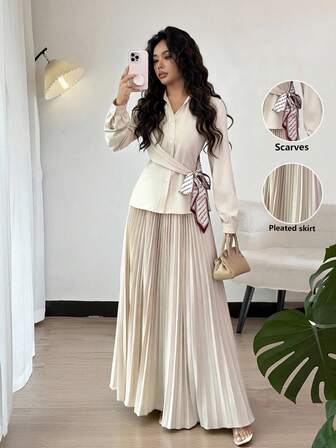 SHEIN Raffinéa Damset med 2 delar: Enfärgad blus med halsduksdetalj och veckad kjol, modernt