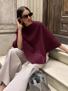 Aloruh 秋冬女士优雅斗篷式纯色大衣 - 酒紅色 - 查看 3