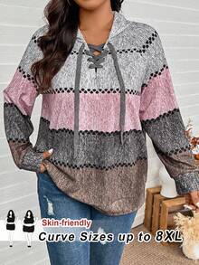 SHEIN CURVE+ 大码女式针织V领印花卫衣，秋冬季感恩节新年冬季狂欢派对 - 彩色 - 查看 1