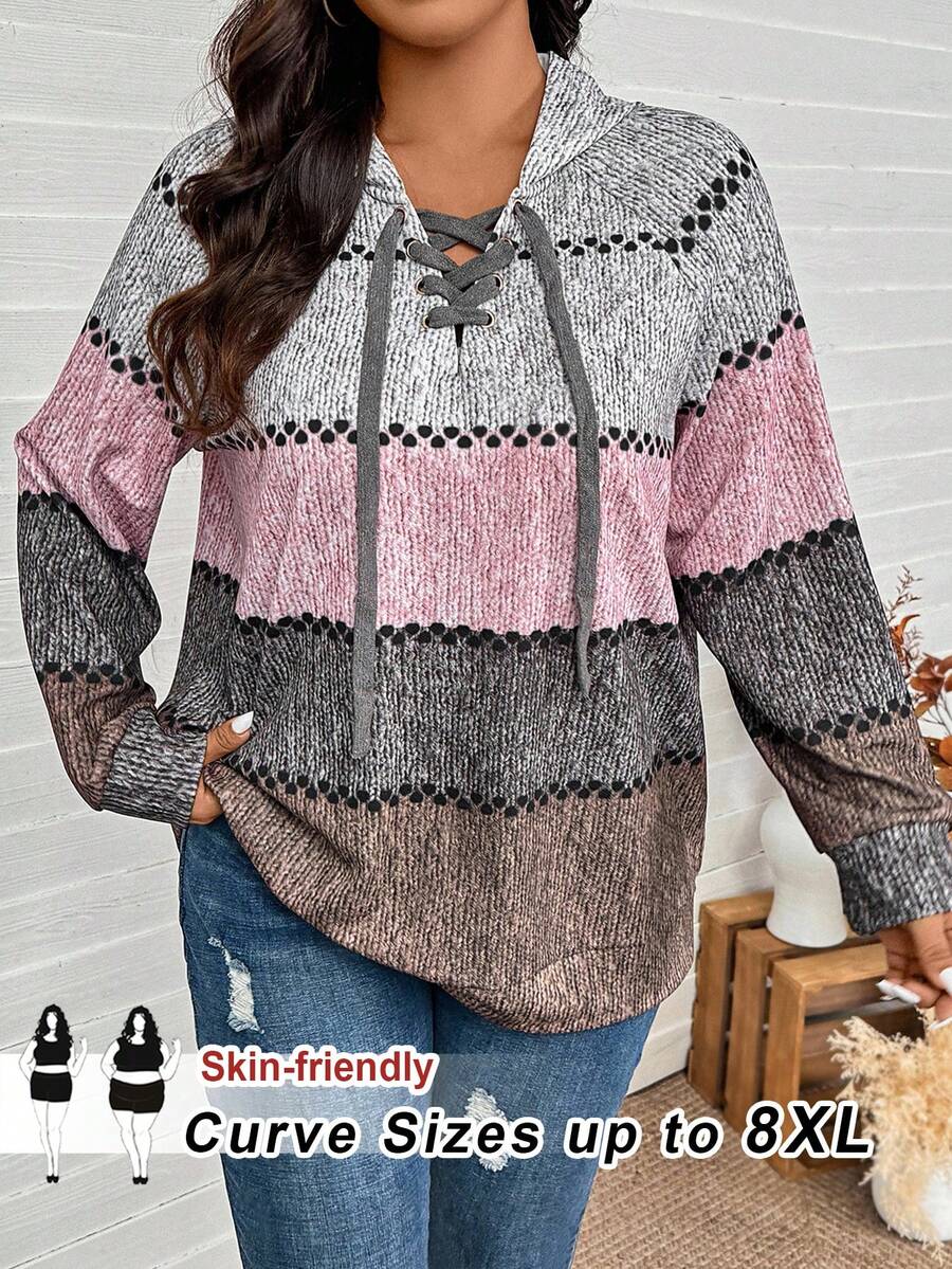 SHEIN CURVE+ 大码女式针织V领印花卫衣，秋冬季感恩节新年冬季狂欢派对 - 彩色 - 查看 1