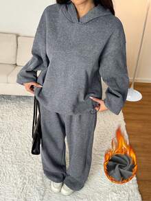 SHEIN PETITE Bộ 2 chiếc/Bộ Áo hoodie Raglan lót nhiệt cỡ lớn & Quần nỉ ống rộng, Bộ đồ hai mảnh màu xám thoải mái cho nữ Bộ đồ mặc ở nhà 2 món màu xám cho nữ Bộ đồ hai mảnh thoải mái cho nữ - Màu xám đen - Xem 7