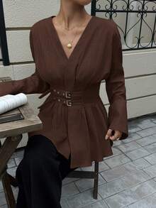 Siren Gaze Áo sơ mi dài tay hai hàng cúc, thắt eo hai bên, chất liệu mềm mại, thân thiện với da, phù hợp cho công sở hoặc du lịch, màu nâu, phong cách thường ngày mùa đông. - Cà phê nâu - Xem 3