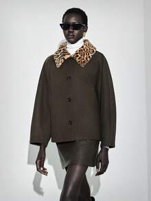 Lumivelle Women's Winter Jacket With Leopard Print Collar, Contrast Color Patchwork, Fashion Woolen Coat Series