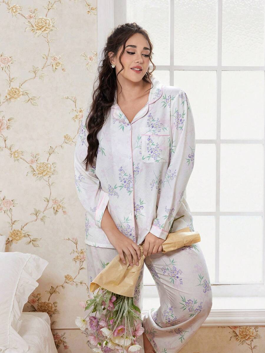 CottageSlumber Conjunto de pijama de cárdigan con volantes florales y arrugas para mujer de talla grande - Albaricoque - Ver 1