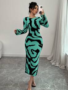 Elenzga Women's Pattern Flared Sleeve Round Neck Fitted Knit Dress - Mint Green - View 4