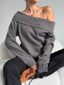 Dewbera Dewbera Women's Regular Fit Long Sleeve Off-Shoulder Sweater - Dark Grey - View 7
