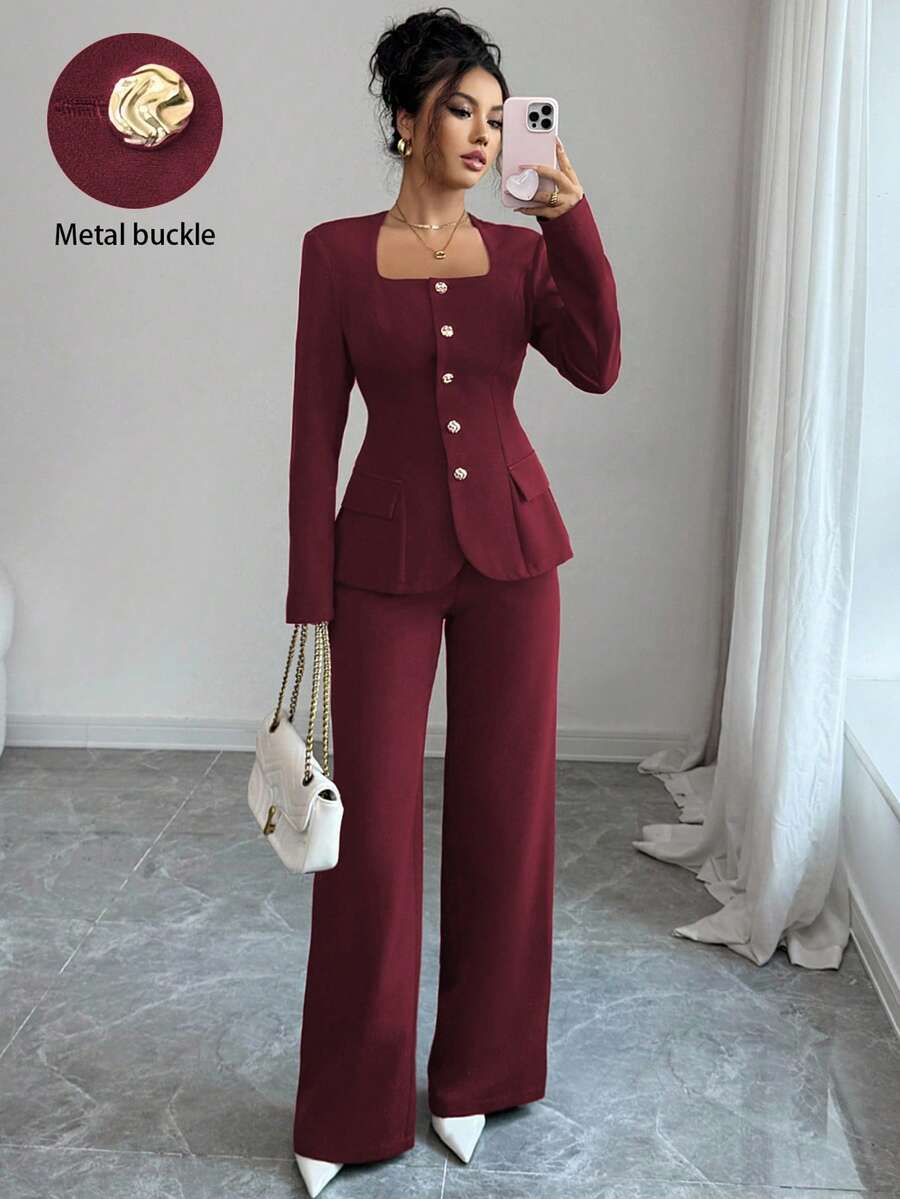 Elenzga 2 件套女士西装面料梯形领前金属纽扣腰部 A 字下摆开口袋长袖衬衫 + 直筒裤纯色优雅办公室通勤街头装秋冬时尚百搭商务休闲感恩节下午茶派对返校 - 酒紅色 - 查看 1