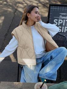 DAZY 2-en-1 Gilet matelassé épais doublé de faux thermique, style court Manteau matelassé pour femmes - Beige - Voir 1