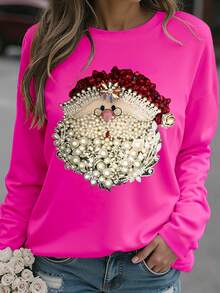 EMERY ROSE Plus Size Women Casual Printed Round Neck Long Sleeve T-Shirt - Hot Pink - View 3