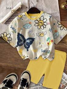 SHEIN Leap Crew Bộ 2 áo thun tay ngắn đơn giản và quần short cho bé gái tuổi teen, phù hợp cho mùa hè - Nhiều màu - Xem 2