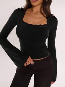 SHEIN BAE Camiseta básica casual de mujer con adorno de encaje en unicolor - Negro - Ver 4