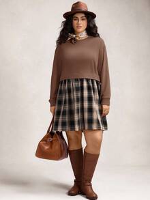 Zelara 大码女式圆领落肩长袖格子下摆休闲连衣裙 - 棕色 - 查看 5