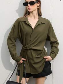 Aveloria Modichic Áo kiểu Pháp cổ điển màu trơn sang trọng thanh lịch, tay dài buộc eo bất đối xứng, áo thun cao cấp, thoải mái, đa năng, phù hợp với mọi mùa - màu xanh lá - Xem 5