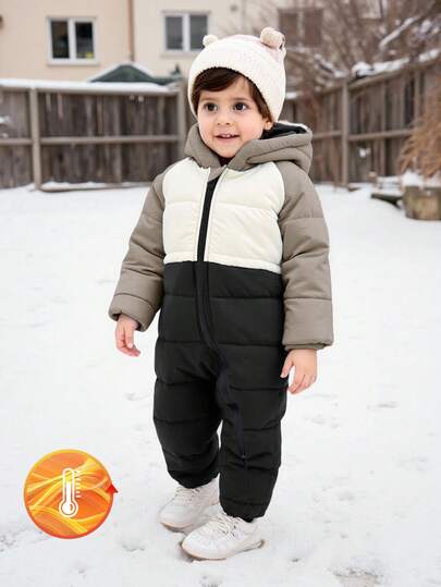SHEIN 1pc Baby Boys Autumn/Winter Thickened Casual Color Block Quilted Long Sleeve Hooded Zipper Cotton Romper, 6M-3T, Infant/Toddler Jumpsuit, Quilted Cotton Padded Romper Jacket, Toddler Hooded Thick Jumpsuit, Toddler Fall/Winter Jumpsuit, Toddler Outdoor Ski Wear Winter Baby Clothes Boy Baby Boy Snowsuit Baby Winter Jumpsuit
