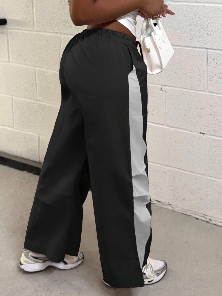 Alexandranx 女士春夏演唱会街头服饰外出拼色降落伞裤 - 黑色 - 查看 1