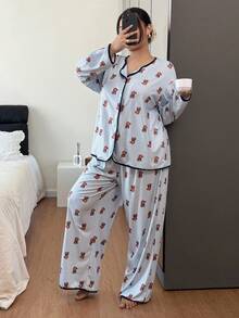 SHEIN Bộ đồ ngủ tay dài họa tiết gấu sọc dễ thương cỡ lớn cho nữ, dễ thương, màu tương phản, dễ mặc, thu đông - Màu xanh lam - Xem 6