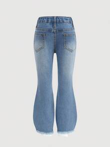 女童闪亮蝴蝶结水钻装饰蓝色牛仔弹力修身喇叭裤 - 中等水洗藍 - 查看 4