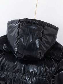 SHEIN Abrigo acolchado con capucha, cintura ceñida y forro brillante para niña joven - Negro - Ver 3