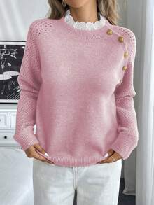 EMERY ROSE New Floral Trim Round Neck Loose Casual Women Sweater - Pink - View 6