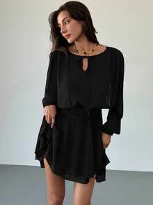 Aloruh Black Elegant French Date Dinner Date Music Festival Tie-Up Long Sleeve Ruffle Hem Mini Dress For Women Autumn - Black - View 5