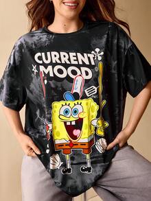 SpongeBob SquarePants | SHEIN 大码扎染字母卡通图案短袖T恤，夏季休闲款 - 黑色 - 查看 6