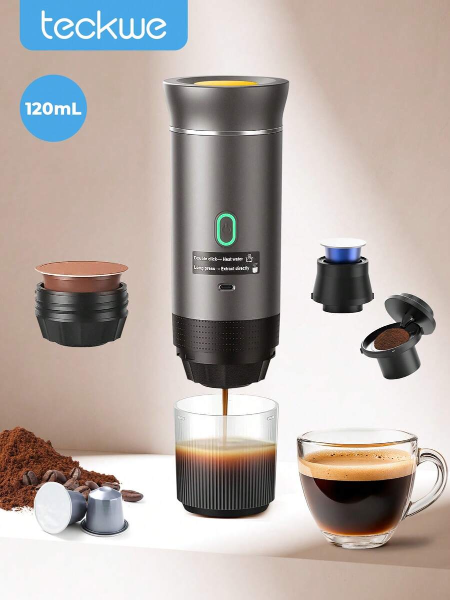 Teckwe Portable Electric Espresso Machine, Camping Coffee Machine, Car Coffee Machine With Self Heating Function, USB-C Interface, Suitable For Grinding Coffee And NS Capsules, RVs, Hiking And Offices - Grey - View 1