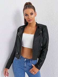 SHEIN Essnce Chaqueta de motociclista de PU con cremallera delantera para otoño/invierno - Negro - Ver 4