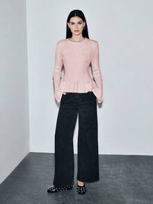 Lumivelle Sweater Pullover Pas Badan Lengan Lebar Warna Aprikot, Sweater Pink Musim Gugur/Dingin Lengan Lonceng Atasan Berkerut Pink - Berwarna merah muda - View 6