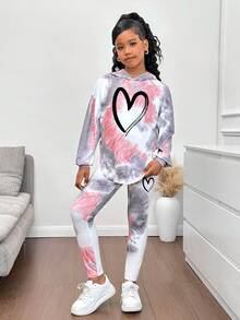 SHEIN Conjunto de camiseta de manga larga y pantalones holgados con estampado de corazón y grafiti en tie-dye para niñas preadolescentes, conjunto de chándal informal y versátil, conjunto de chándal de tie-dye cómodo para niñas adolescentes