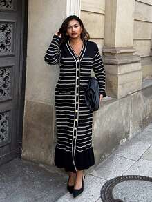 Calvaya Plus Size V-Neck Colorblock Long Sleeve Ruffle Hem Midi Sweater Dress, Comfortable & Elegant - Black - View 3