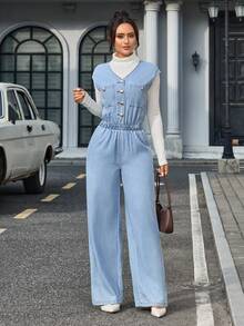 SHEIN Tall 女士V领纽扣半开襟休闲阔腿牛仔连体裤 - 藍色 - 查看 3