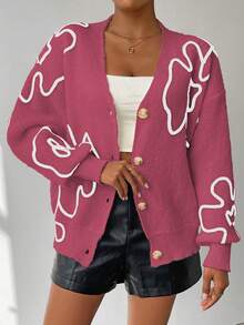 SHEIN Unity Cardigan Rajut Kasual Lengan Panjang Motif Bunga dengan Bahu Longgar untuk Wanita, Musim Gugur/Dingin - Watermelon Pink - View 4