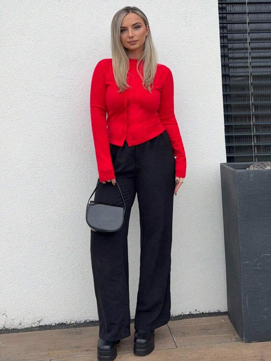Jeta Ari Button Down Long Sleeve Sweater Spring Y2K 90's Casual Cute Airport Holiday Fall Back To School Autumn Winter Everyday Christmas Work Office - Red - View 1