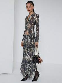 COUREZ Falda larga asimétrica con estampado de leopardo en malla, para fiesta, salida, sexy y elegante, estilo Y2K primaveral para mujer - Marrón Mocha - Ver 2