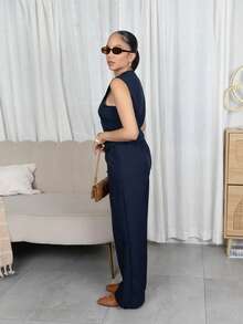 Melissa Matos 女士秋冬休闲通勤背心裤套装 - 藏蓝色 - 查看 5