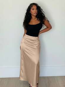Alexandranx 纯色高腰长裙女装 - 杏色 - 查看 4