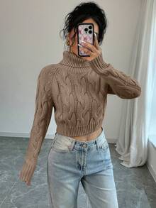 Selianne 女式休闲纯色粗针织高领毛衣，秋冬 - 摩卡棕 - 查看 4