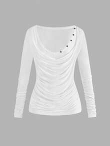 ROMWE Camiseta de manga larga de mujer versátil de unicolor con cuello en V profundo y holgado, estilo patchwork y acampanado, de la era Y2K - Blanco - Ver 1