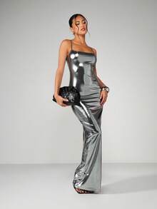 MISSGUIDED Metallic Silver Spaghetti Strap Maxi Dress Long Evening Gown Bodycon Formal Party - Silver - View 1