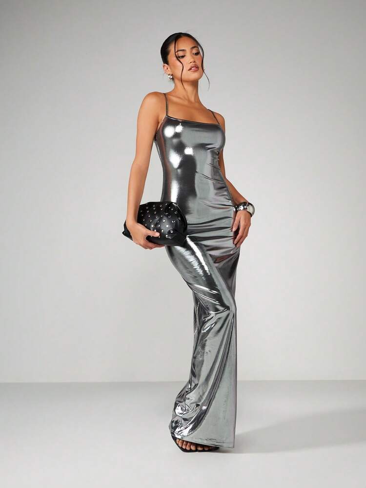 silver bodycon maxi dress MISSGUIDED Metallic Spaghetti Strap Long Evening Gown Formal Party 10” Strap Length (non