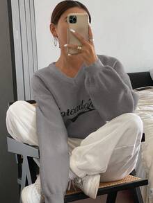 DAZY Letter Jacquard V-Neck Loose Fit Women Sweater - Grey - View 4