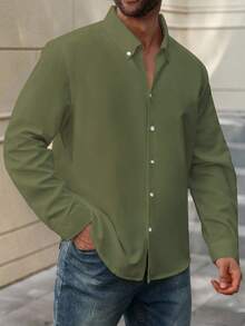 Manfinity Homme Camisa casual de diseño minimalista con botones delanteros, manga larga y hombros rectos, para hombres de talla grande dunicolordo - Verde militar - Ver 3