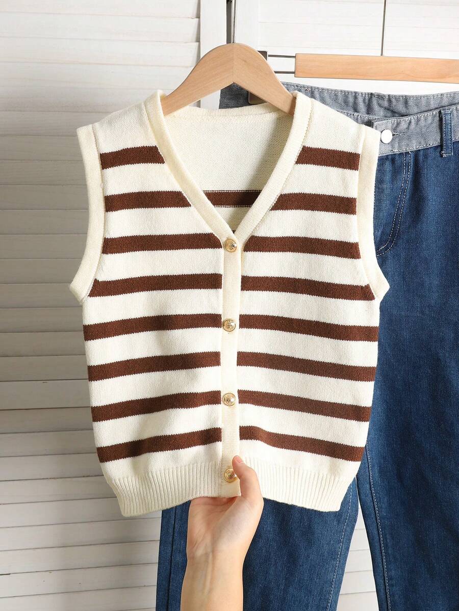 SHEIN Lässiger, minimalistischer und bequemer Pullover für Mädchen im Teenageralter mit V-Ausschnitt, ärmellos, gestreift und mit Metallschnallenverzierung - Braun - Übersicht 1