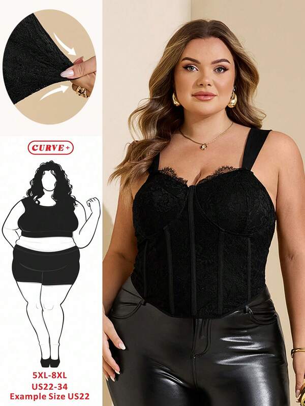 SHEIN CURVE+ Plus Size Women's Solid Black Lace Patchwork Floral Lace Camisole Top, Curved Hem, Suitable For Outings, Gatherings, Parties, Lace Blouse