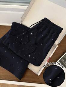 GlowEve 女士时尚水钻装饰高腰抽绳宽松直筒运动裤 - 藏蓝色 - 查看 4